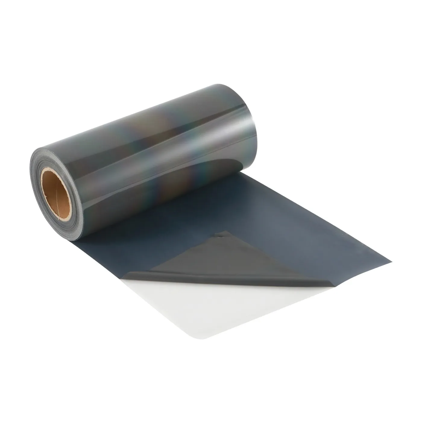 Iridescent reflective film roll with rainbow sheen, unrolled tail on white
